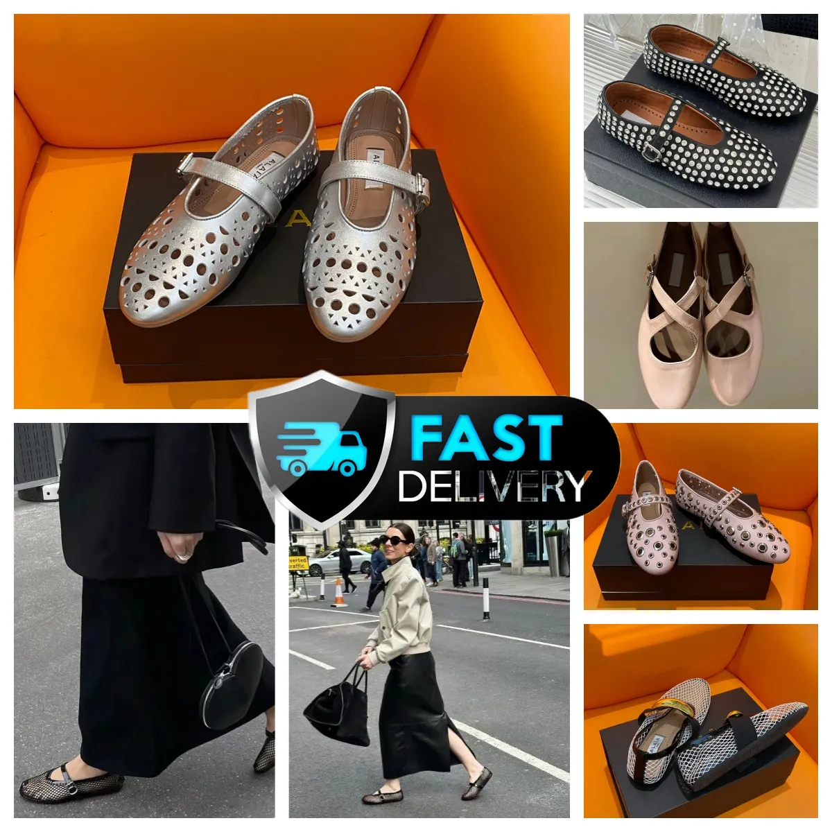 2024 Med Box Dress Shoes Designer Sandal Ballet Slipper Slider Flat Dancing Women Toe Rhinestone Boat Shoes Luxury Leather Gai Riveted Buckle Shoes Storlek 35-40 Svart