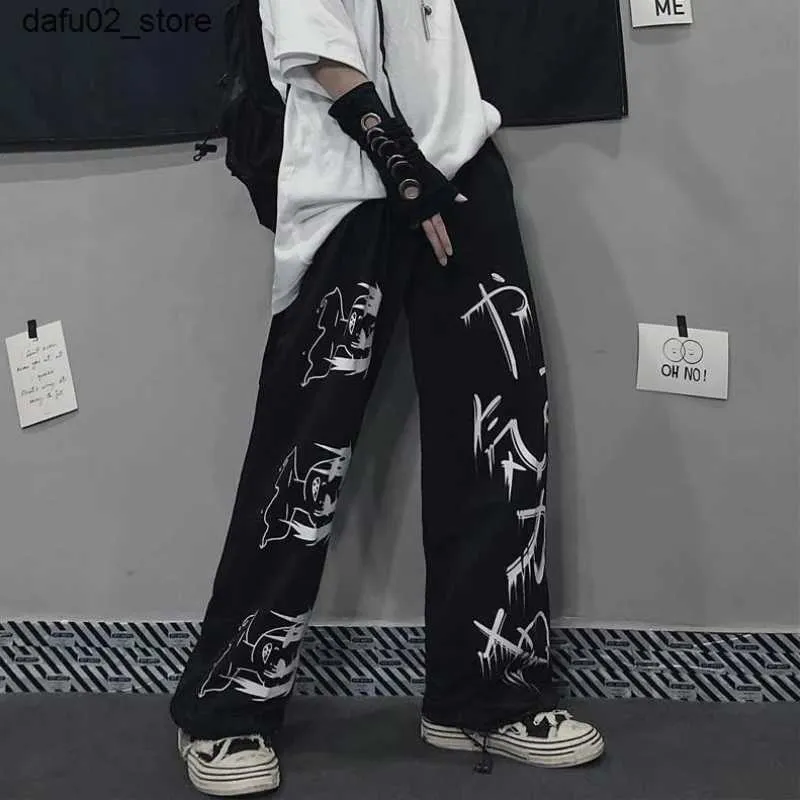 Męskie spodnie czarne harajuku wydrukowane anime spodnie dresowe męskie odzież uliczna szerokie nogi duże spodnie luźne sporty proste spodni mężczyźni 2023 Q240417