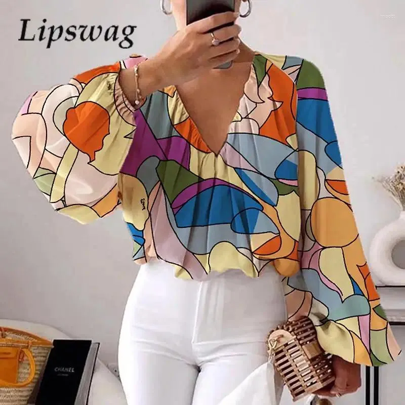 Blous de banlieue graphique du bureau des femmes Blouses pour femmes Blusa Blusa Spring Summer Lantern Long Sleeve Top Top Femmes Chic en V V-Neck