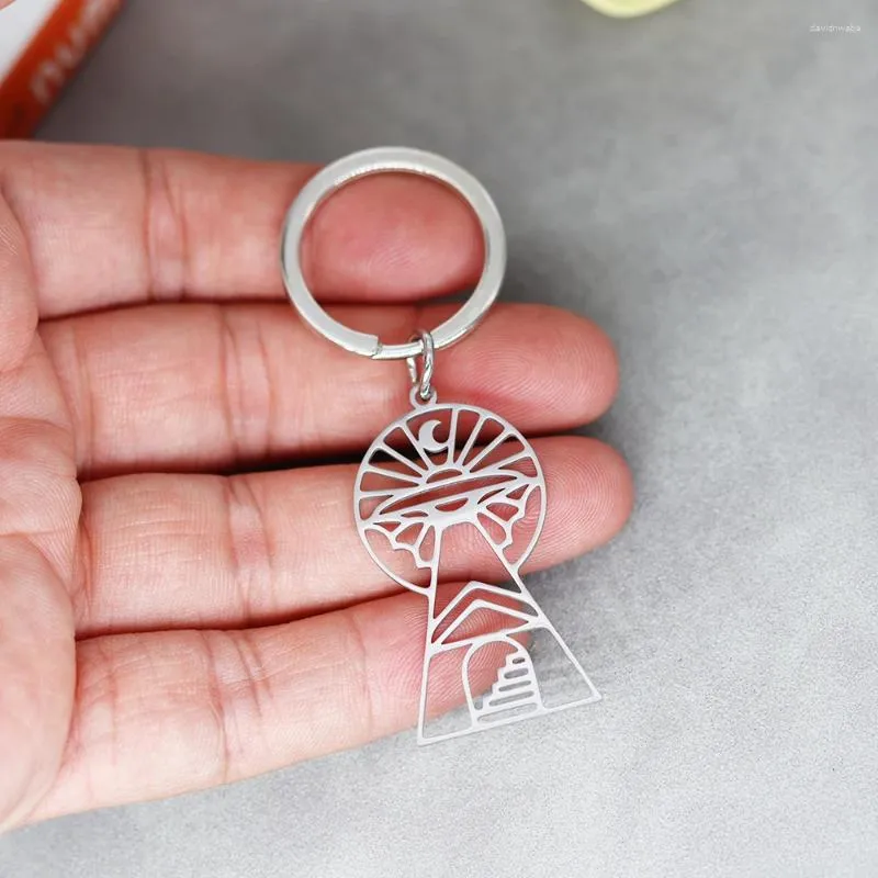 Nyckelringar Nedar Sun Moon Star Keychain Geometric Nyckelhållare Tillbehör Diy Kvinnor Män smycken Rostfritt stål Pendant Bilväska Keyrings