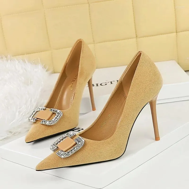 Dress Shoes BIGTREE Square Button Rhinestones Decoration Pumps Women High Heels Fashion Wedding Stiletto Sexy Party Stripper Female