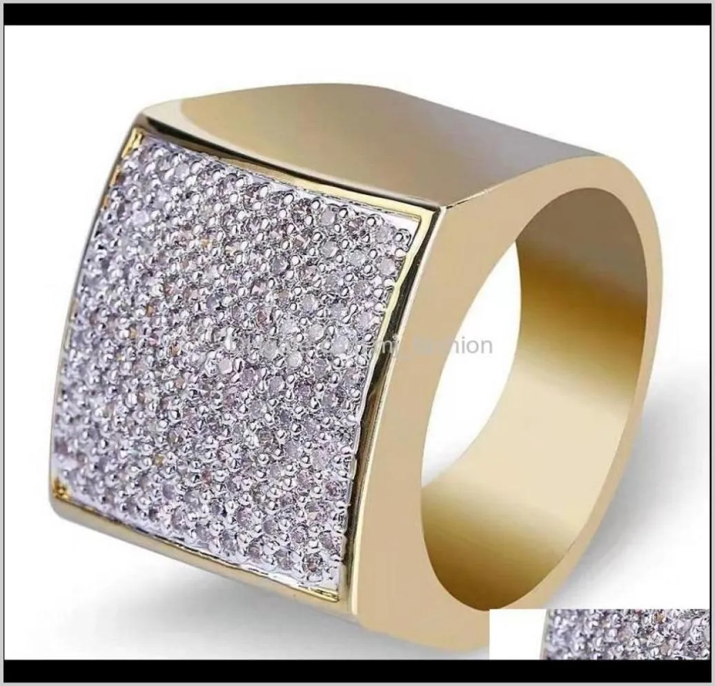 Livraison de chute de cluster 2021 Anneaux Iced Out for Men Luxury Designer Mens Bling Diamond Square Ring Copper Zircon 18K Gold plaqué marin1778199