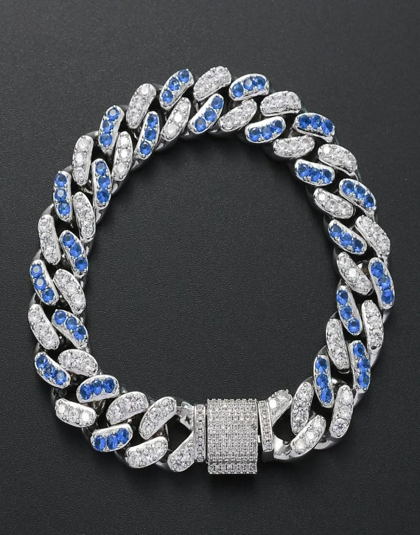 Новая модная очарование Bling Iced Out Blue Crystal Bracelet Bracelet Silver Yiphop Jewelry 12 мм кубинские звенья браслеты для женщин M2246591