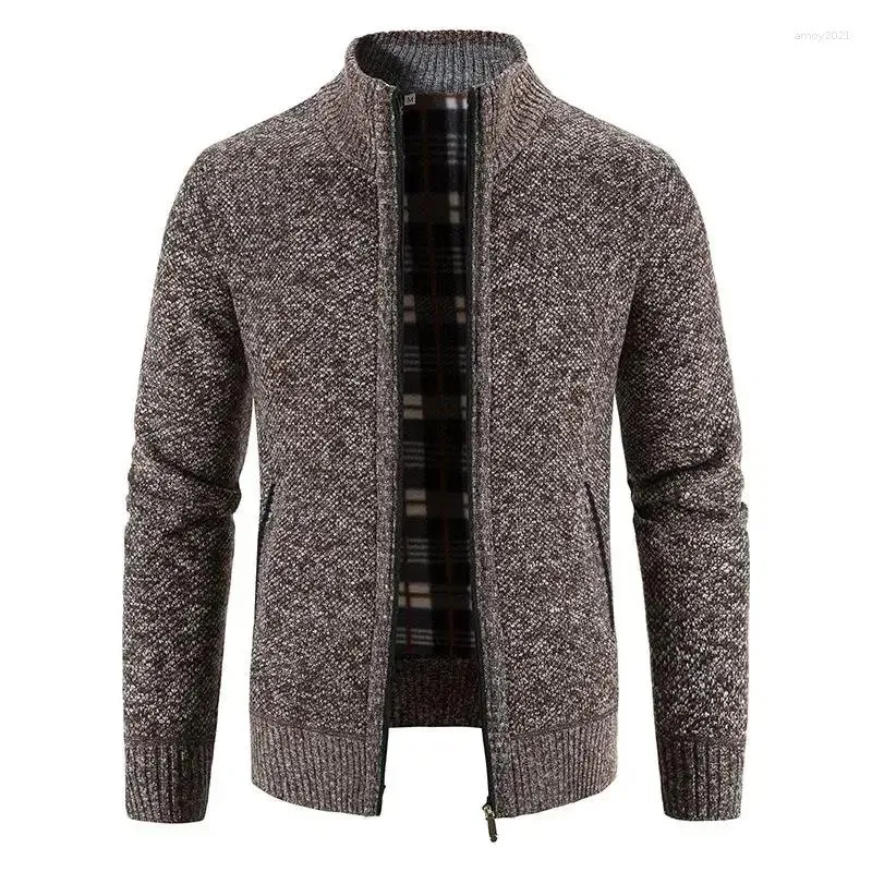 Herrtröjor stickade tröja manlig blixtlås cardigan beige kläder collared zip-up koreansk stil 2024 trend stickadar varm långärmad en