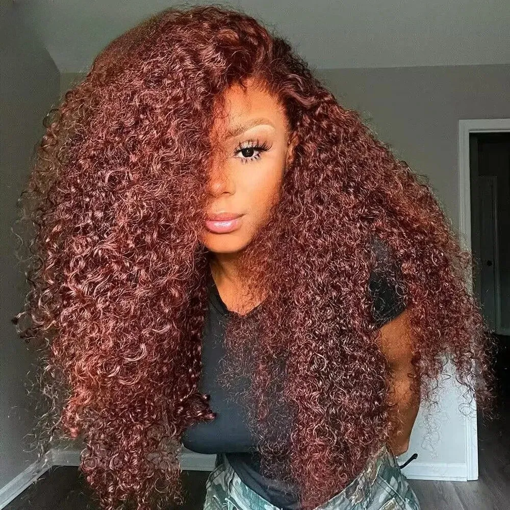 200density Reddish Brown Kinky Curly 13x4 레이스 전면 여성용 헤어 가발 250% 33 컬러 HD 투명 깊은 파도 전두 가발 합성