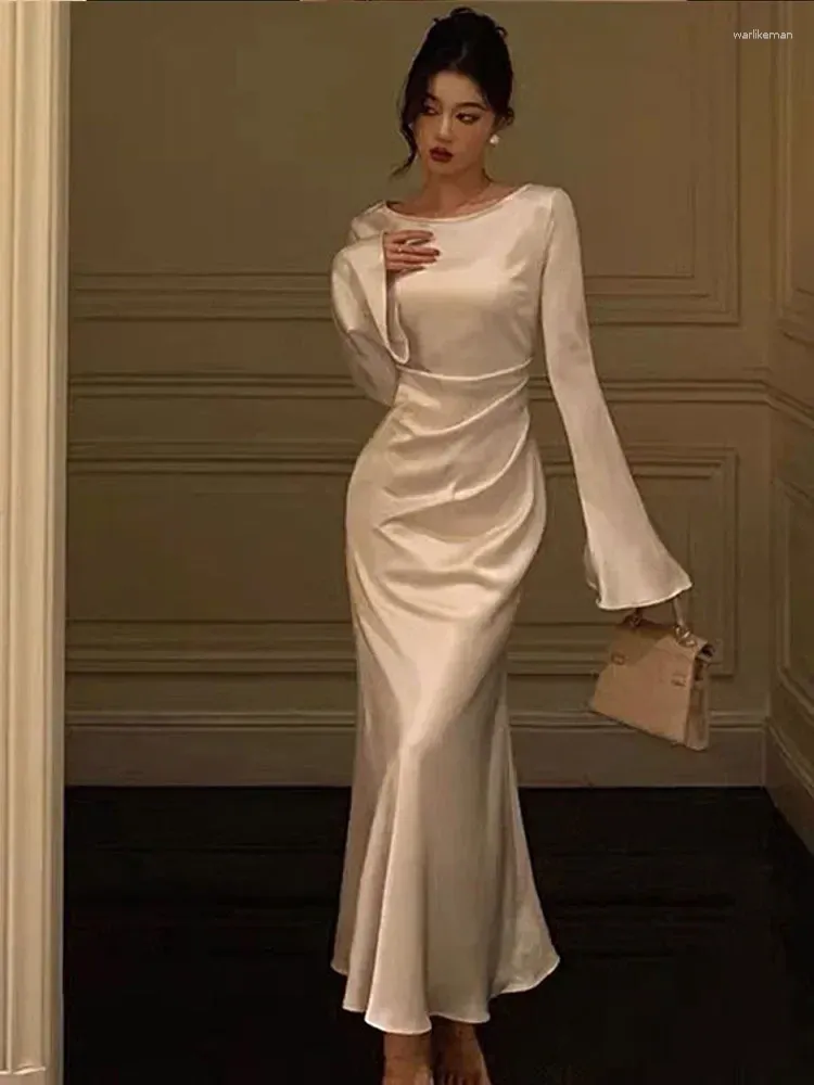 Elegant White Maxi Dress, Long Sleeve Satin Dress | DHgate