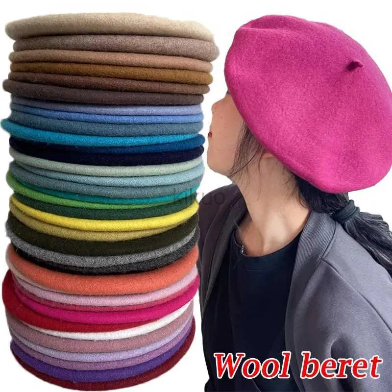 Bérets French Wool Beret Caps Hiver Warm Artist Style Boneie Hat Retro Color Solid Berets Elegant for Women Girls Street Painter Caps D240417