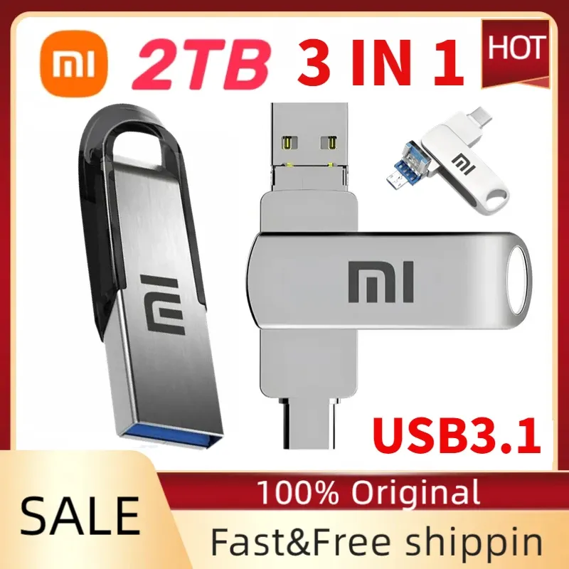 Адаптер Xiaomi 2TB 128GB USB 3.0 OTG Pen Drive USB Flash Drive для iPhone iPad Android 1TB Pendrive 3 в 1 Палочка памяти для PC Phone