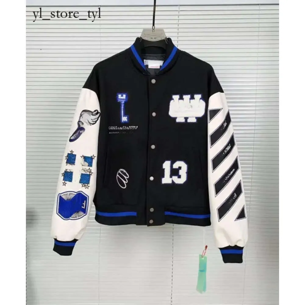 Off White Luxury Jacket Off Autumn and Winter Sonoff Coat Male and Female Lovers OW Heavy Industry Embroidered Wool Spliced Leather Sleeve Bombe Clothing Jacket 7812