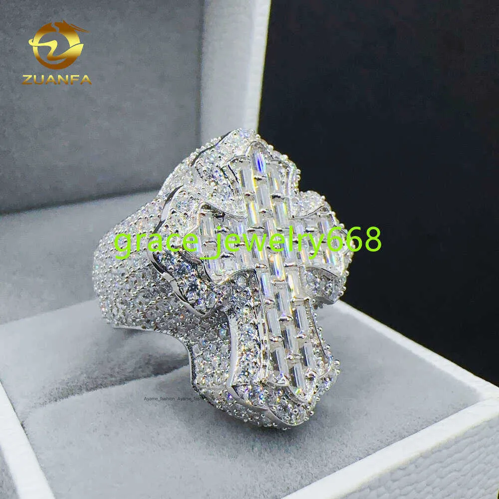 Zuanfa bijoux Moisanite Hip Hop Anneau 925 Bague de croix en argent sterling Baguette VVS Moisanite Men Men Diamond Ring