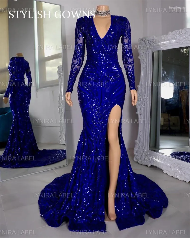 Party Dresses Royal Blue Deep V Neck Long Prom Dress For Black Girls 2024 Sequined Birthday With Full Sleeve Evening Gowns High