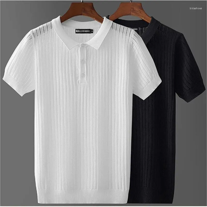 Herren Polos High Stretch hohle Luxus -Polo -Hemd für Männer kurzärmely Summy Summer Qualität eisig komfortable, lässige Streife Camisas de Hombre