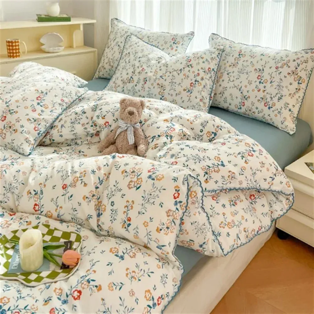 Conjunto de cama de estilo coreano Crianças botânicas frescas Adultos folhas Flores lavadas a algodão travesseiros Capa de edredão macia 240417