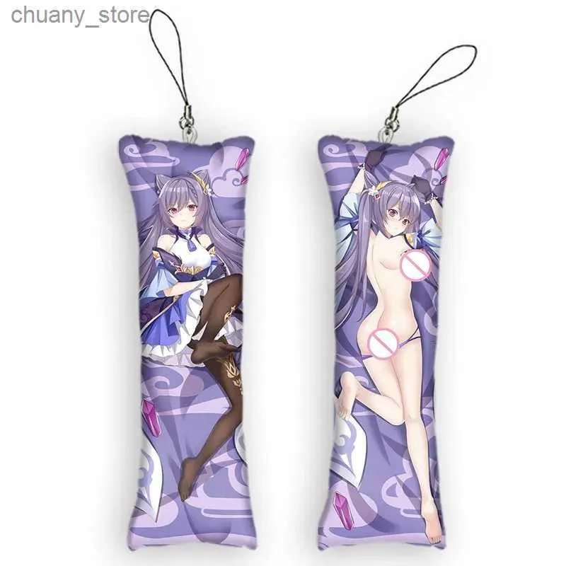 Keychains Lanyards 4x12cmCute Pendant Keqing Dakimakura Mini Anime Genshin Impact Keychain Double-Sided Print Bag Ornament Small Pillow KeyChain Y240417