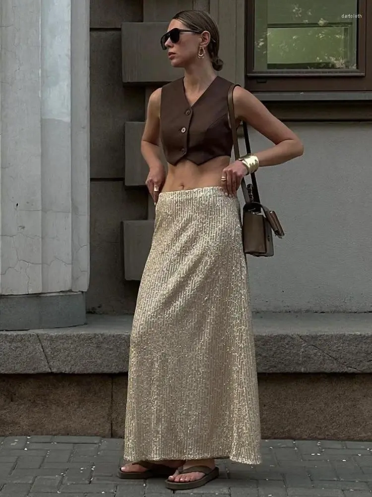 スカートエレガントなシルクスパンコール女性スカート2024ドロップロングストリートウェアクラシックファッションの女性服