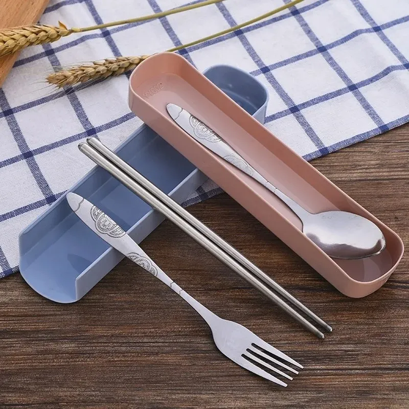 Portable Travel Tableware Set Stainless Steel Dinnerware with Box Kitchen Fork Spoon Dinner Set for Kid School Flatware Cutlery