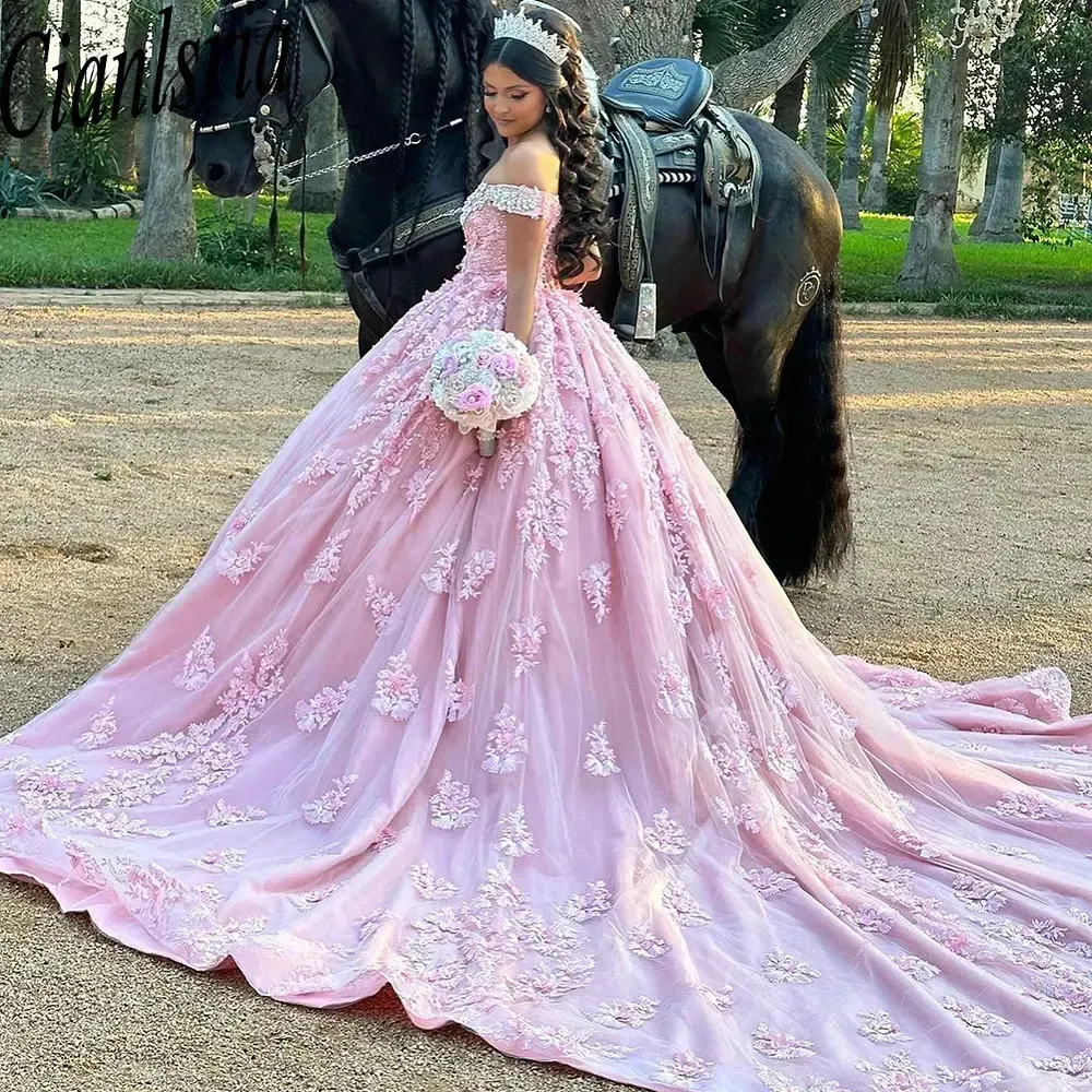 Pink Appliques de encaje Vestido de la pelota de la pelota Dresses de la bocina del corsé de la caracía con cuentas del corazón Vestidos de 15 Anos