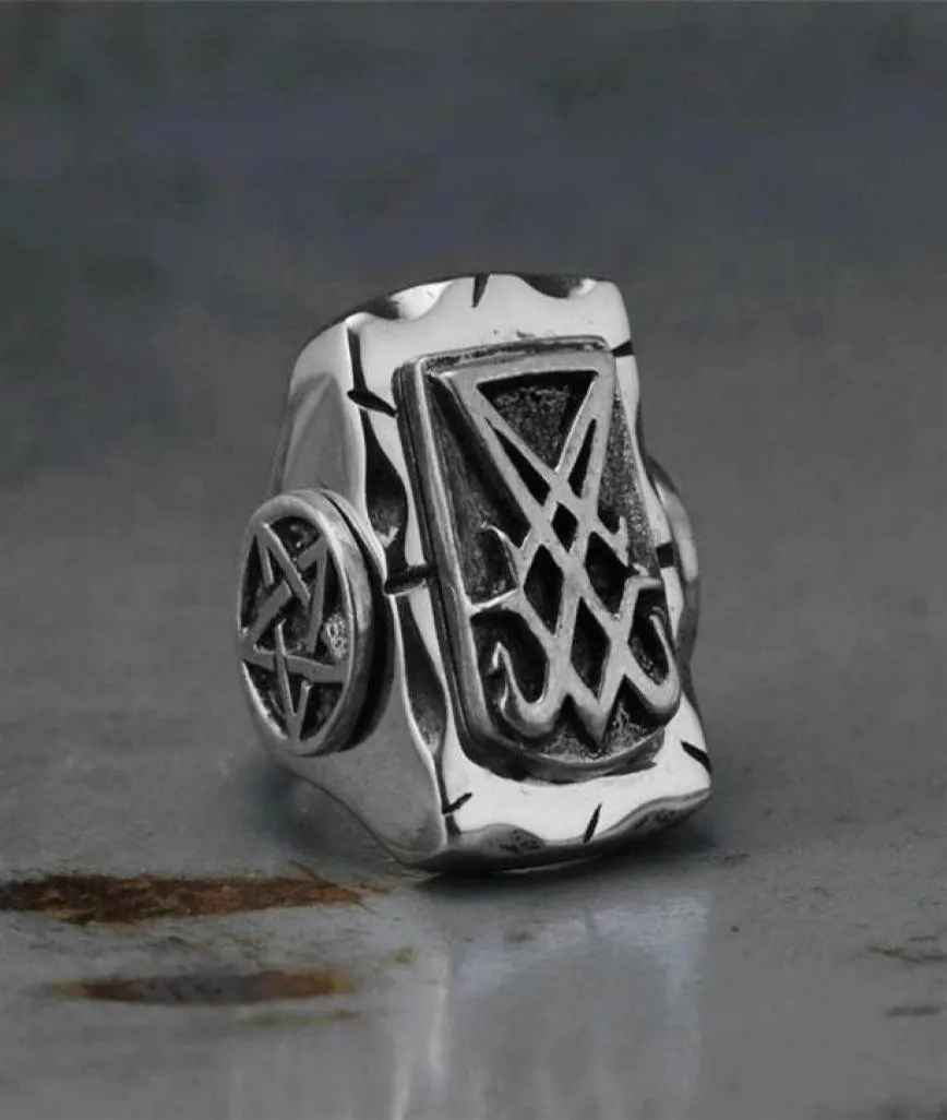 Anelli a grappolo Eyhimd vintage Sigil Lucifero Biker Anello 316L in acciaio inossidabile Pentagramma Pentagramma di Satana per uomini Maschio Punk gioiello punk281532291