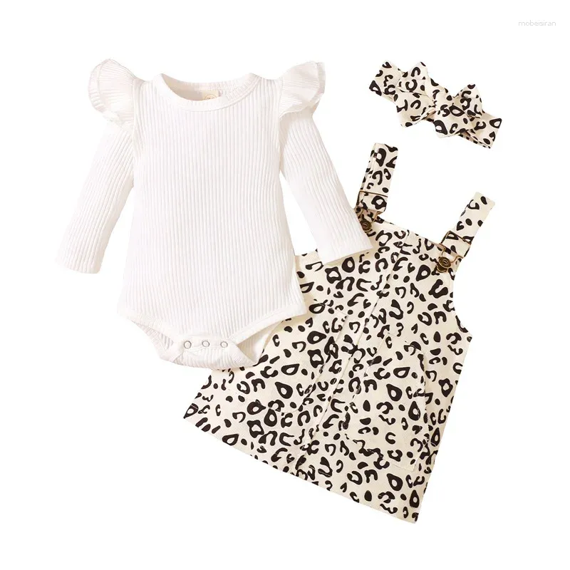 Kläder sätter 3 datorer Baby Girls Casual Outfits Ribbed Sleeve Round Neck Bodysuit Leopard Print Suspender kjol Bow pannband