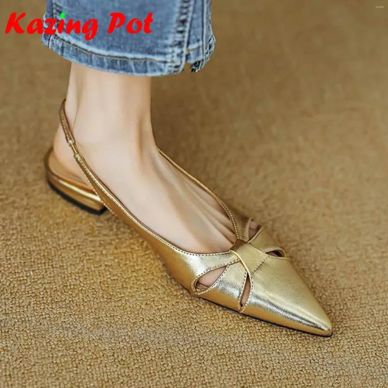 Dress Shoes Krazing Pot Cow Skin Pointed Toe Women Summer Slip On Street Wear Art Design Low Heels Slingback Gold Color Young Lady