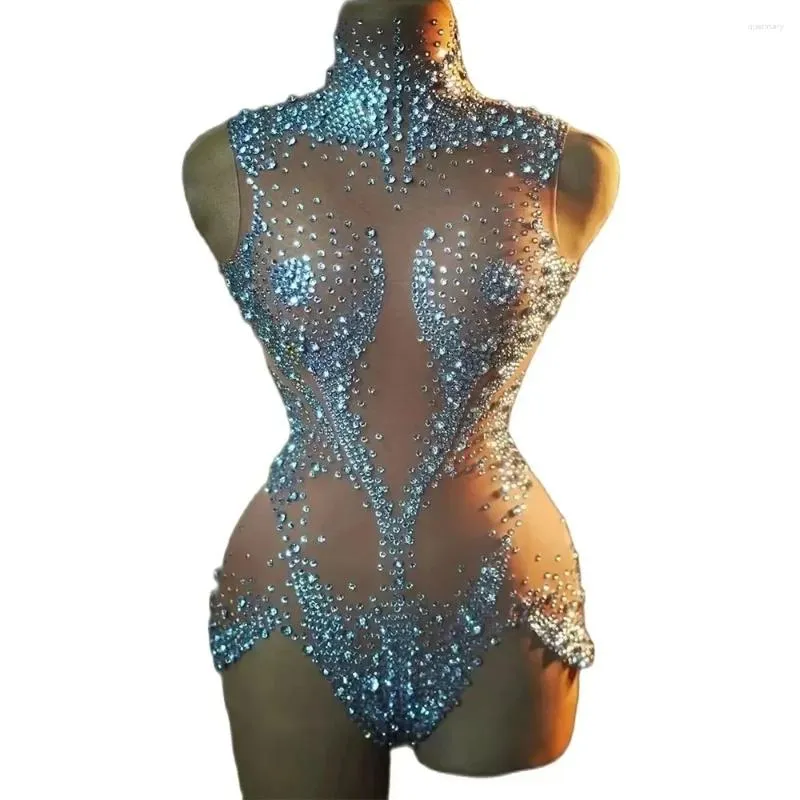 Stage Wear Sparkly Rhinestones Bodysuit Kadınlar için Seksi Mesh Dans Kıyafet Performans Kostüm Şarkıcı Dansçı Şovu