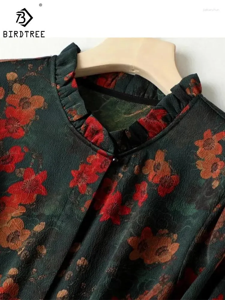 Camicette da donna birdtree floreale perla satinata a manica lunga vintage 90% seta vera elegante camicia da guai