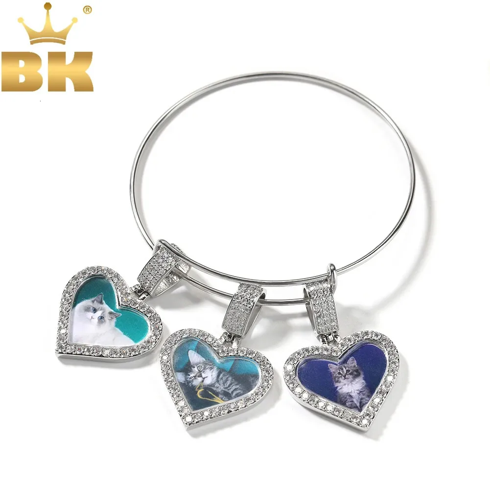 Bling King King en acier inoxydable bracelet Diy Heart Po Pendant Memory Bracelet Iced Out cubic Zirconia Family Lovers Gift 240402