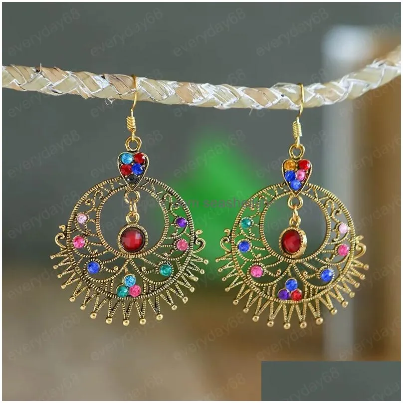 Dangle Chandelier Women Large Round Hollow Alloy Earrings Female European And American Exaggerated Jewelry Retro Ethnic Rhinestone Ear Dhhz1