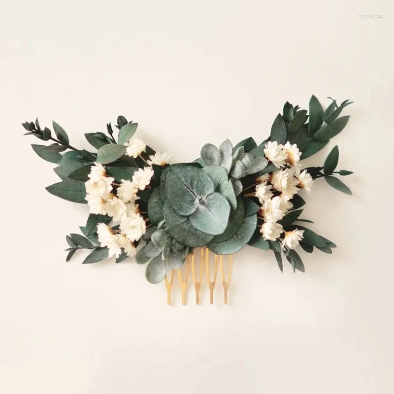 Dekorative Blumen handgefertigt Boho Braut Kopfstück Grüne Eukalyptus Haar Kamm Hochzeit romantische getrocknete Blume für Brautjungfern
