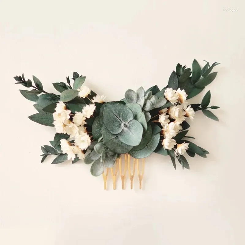 Flores decorativas feitas à mão BOHO BRIDAL CABELA GREENHERY EUCALIPTUS pente de pente de casamento Flor romântica seca para damas de honra