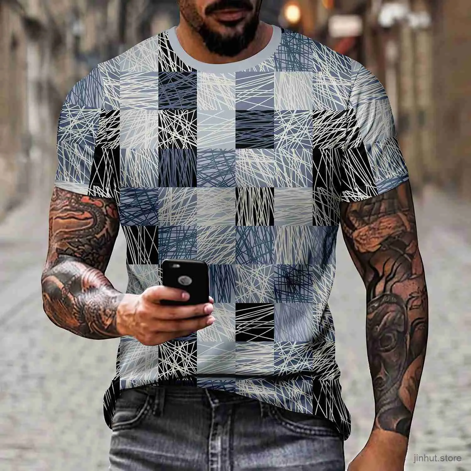 Men's T-Shirts Mens Plaid 3D Pattern T-shirt Summer Casual Pullover Mens Fashion Loose Sleeve Top