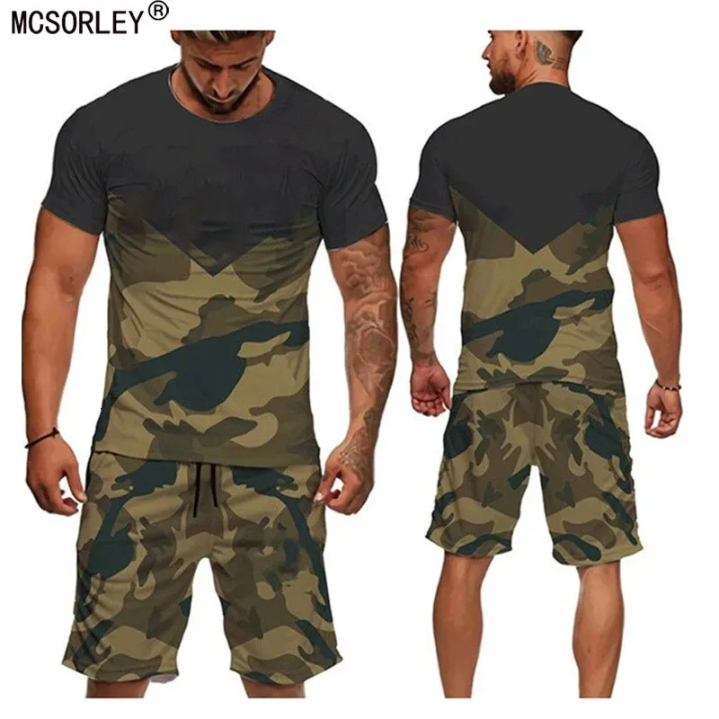 Mens Casual 2pcs Set Camouflage Green Short Sleeve T-shirt masculina Loose Tactical Tees Shorts Pants Tracksuit Set S-6XL 240402