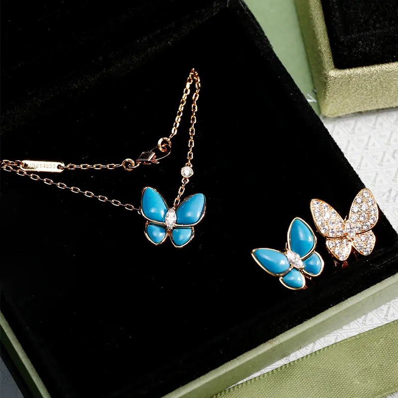 Designer smycken Van Necklace Earring Set Gold Butterfly Pendant med Diamond Luxury Brand Classic för Womens With Box