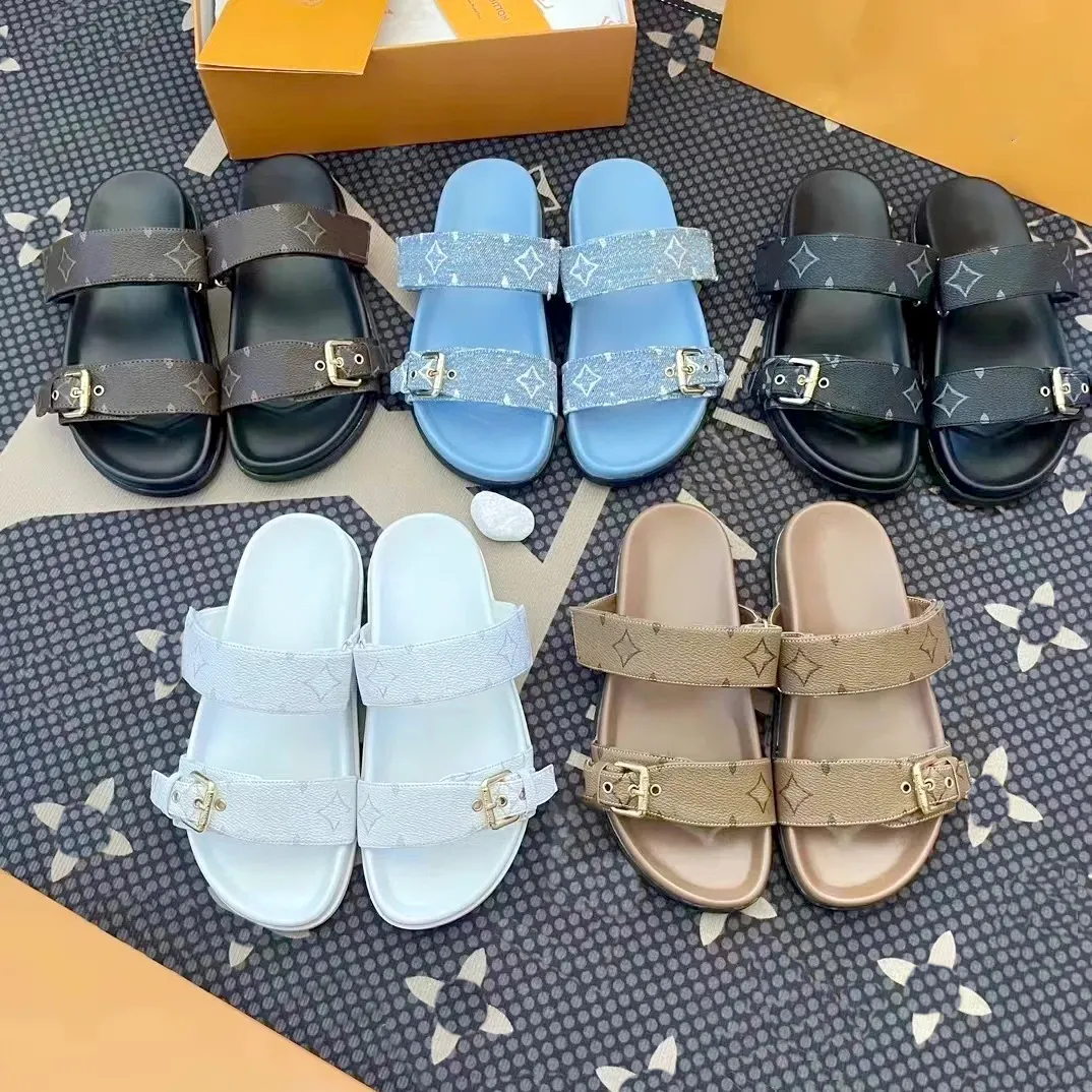 Bruine bloem zomerschoen dames designer schuif muilezel comfort sandalen heren sliders slipper lederen bloemen denim luxe bodems dia plat strandschoenen loafers banaal