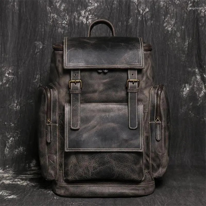 Sac à dos vintage brun café épais véritable cuir de cheval fou A4 14 '' 15,6 '' ordinateur portable hommes hommes de voyage de voyage grande capacité m1043