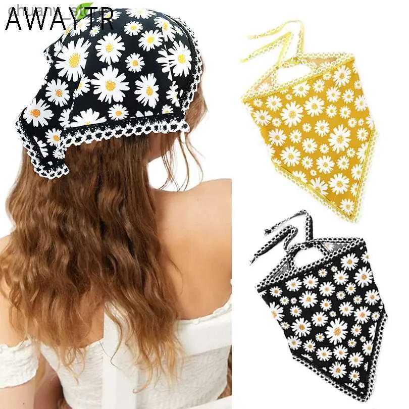 Headbands Summer Flower Printing Hair Scarf Hairband Straps Daisy Headband Triangle Bandana Kerchief Women Girl Headwear Hair Accessories Y240417