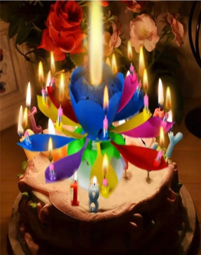 1pcs Amazing Two Layers with 14 Small Candles Lotus Happy Birthday Spin Singing Romantic Musical Flower Party Light Candles SH19097506137