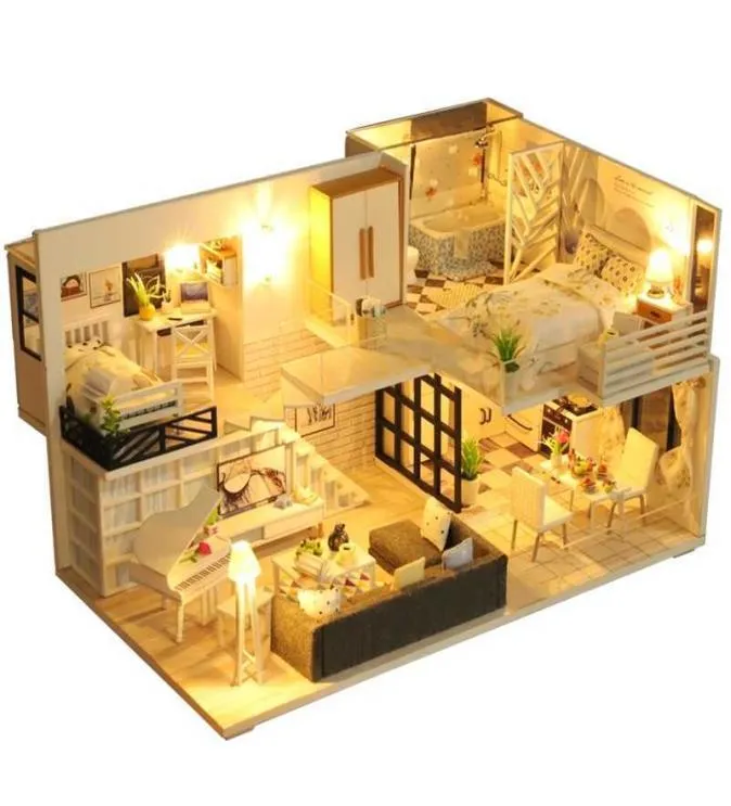 Doll House Furniture Wood Miniature Diy Kit With Dust Cover Music Box Assemble Crafts Toy Birthday Present For Children Girl L7196855