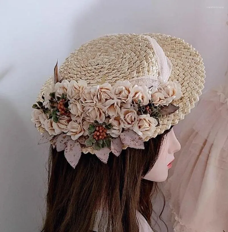 Berets retro wiktoriański w stylu słomy kapelusz kobiety letnie kwiaty pastoralne lolita sun