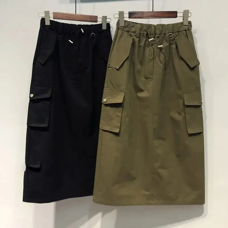 Cargo Skirts for Women Y2k Long Elastic Waist Spring Summer Drawstring Girls Full Length Skirt Black 240411