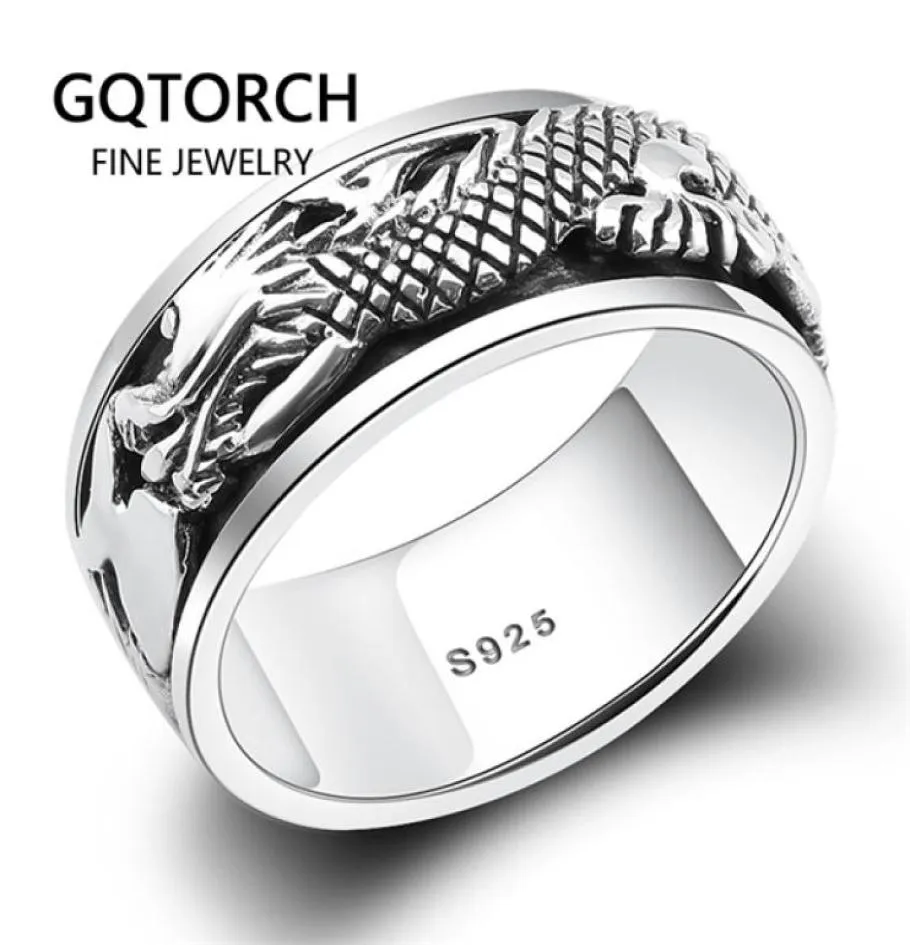 Real Pure 925 Sterling Silver Dragon Rings for Men Rotatable Transfer Luck Vintage Punk Retro Style Masculino Aneis Y112445552765