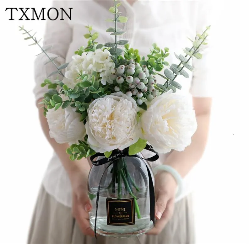 Simulation Peony Rose Bouquet Mariage Decorative Fake Flower Set avec vase Home salon Ploor Vase Vase Flower Arrangement Sh14344225