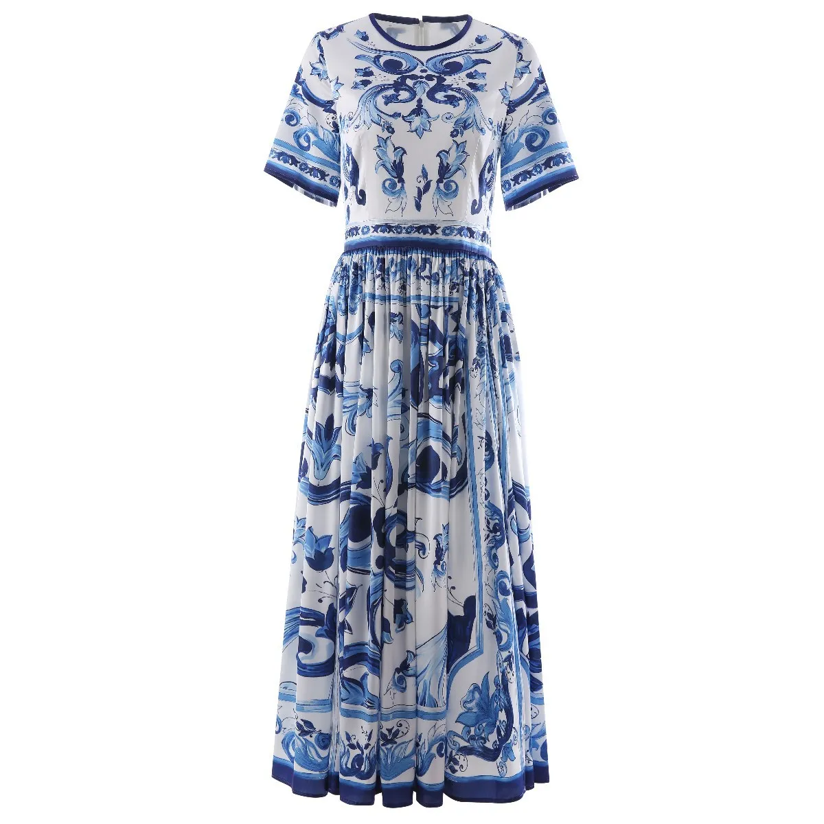 Summer Designer Runway Dresses for Women Fashion Blue and White Porcelain Print Midi Dress Short Sleeve Vintage Vacation Vestidos Female Clothing XXL