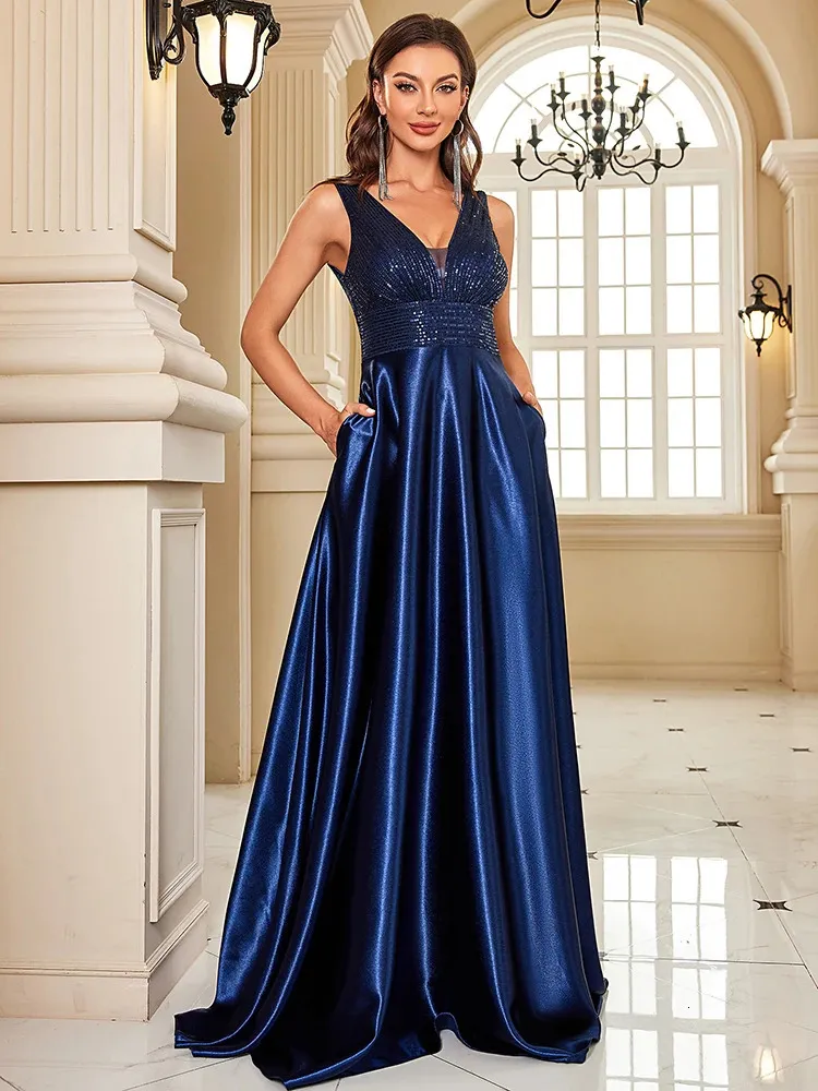 Lucyinlove zarif payetler Kadınlar İçin Gece Elbisesi 2024 Derin V-Gell Saten Prom Partisi Yeşil Elbise Zemin Uzunluğu Mavi Resmi Gowns 240407
