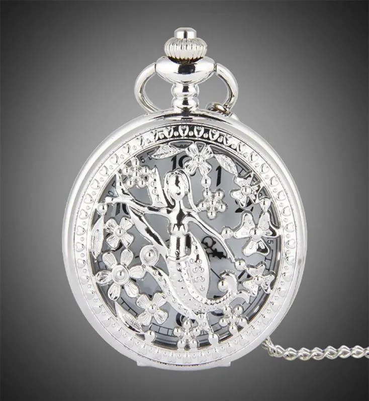 TFO Pocket Watch Silver Hollow Petals Surround Dancing Mermaid Design Pendant Ladies Fashion Gift Necklace232a275C9640431