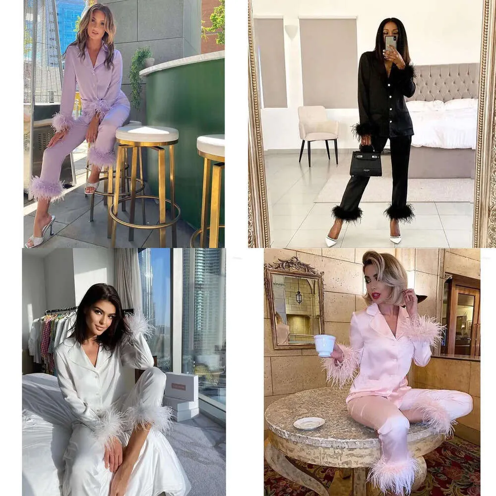Sleepwear Women's Qweek Satin Pamas med fjädrar Designerkläder Kvinnor Summer Two Piece Loungewear Trouser Suits Pijama Set