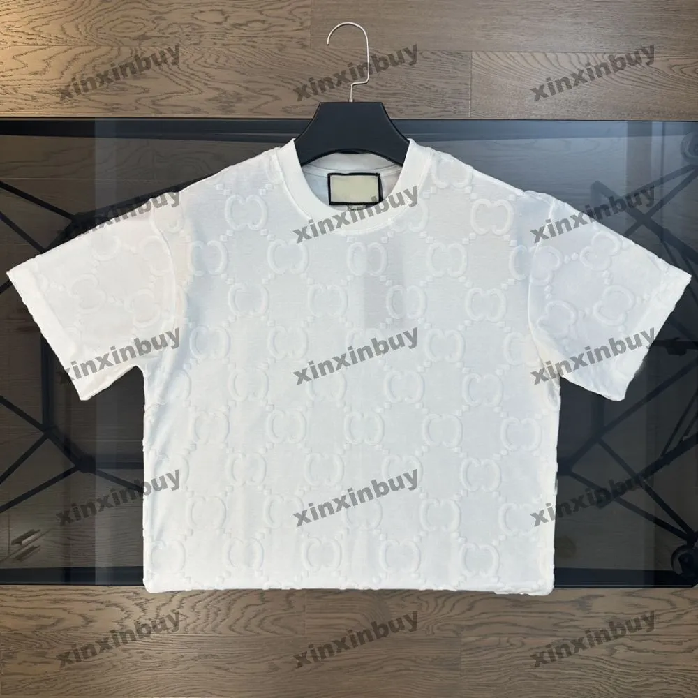 Xinxinbuy Men Designer T-shirt 2024 Italië Dubbele letter Flocking borduurwerk katoen Kortjes Korte Katoen Women Bruine Abrikoos S-3XL