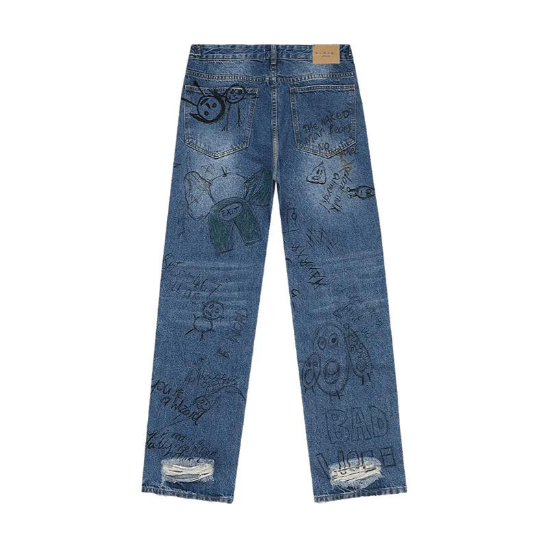 24SS تصحيح مصمم فني أنيق Allover Graffiti Print Denim Pants الخريف الشتاء الرجال غير الرسمي عتيقة شارع غسل الجينز بنطلون 0417