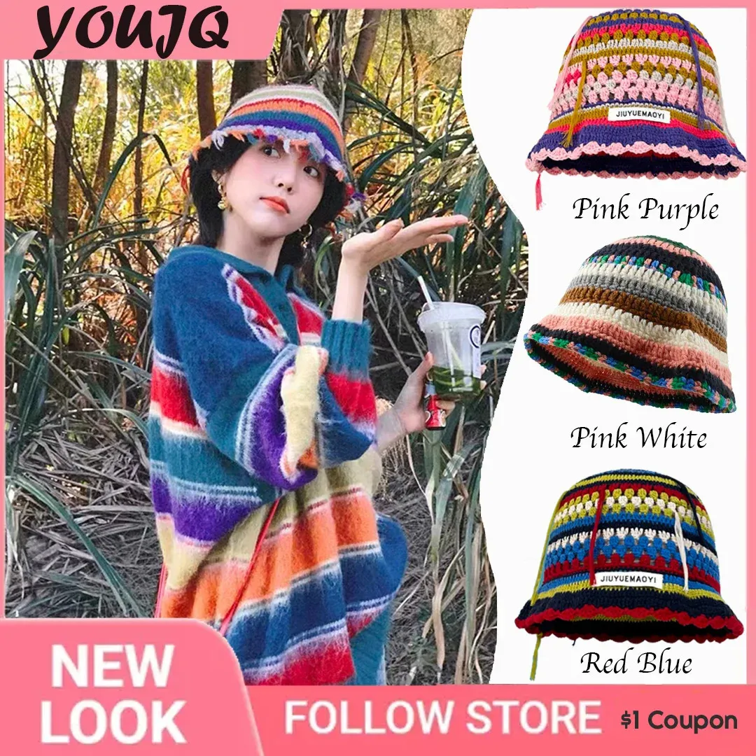 Y2K Koreanische Designerin häkierte Rand Regenbogen gestreifte Strickschädelhüme für Frauen Kollision Farbe Outdoor Warm Becken Kappen Gorro 240412