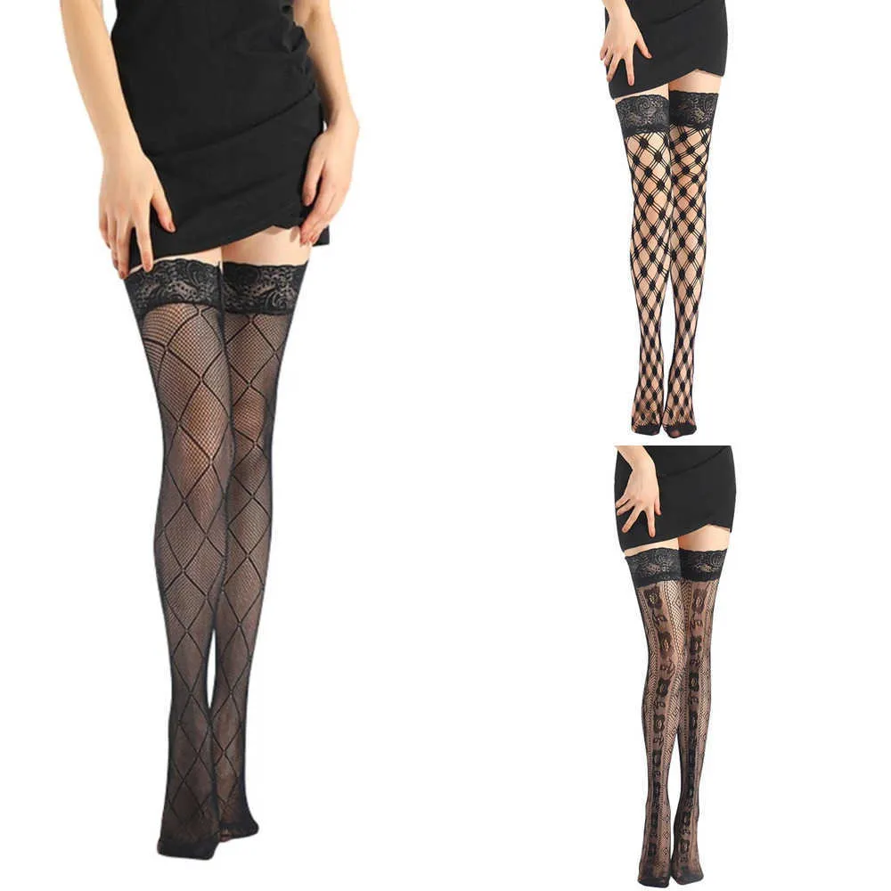 MIQL Sexy Socks Women Sexy Fishnet Thigh High Stockings with Silicone Lace Top Tights Diamond Plaid Floral Patterned Over Knee Socks 37JB 240416